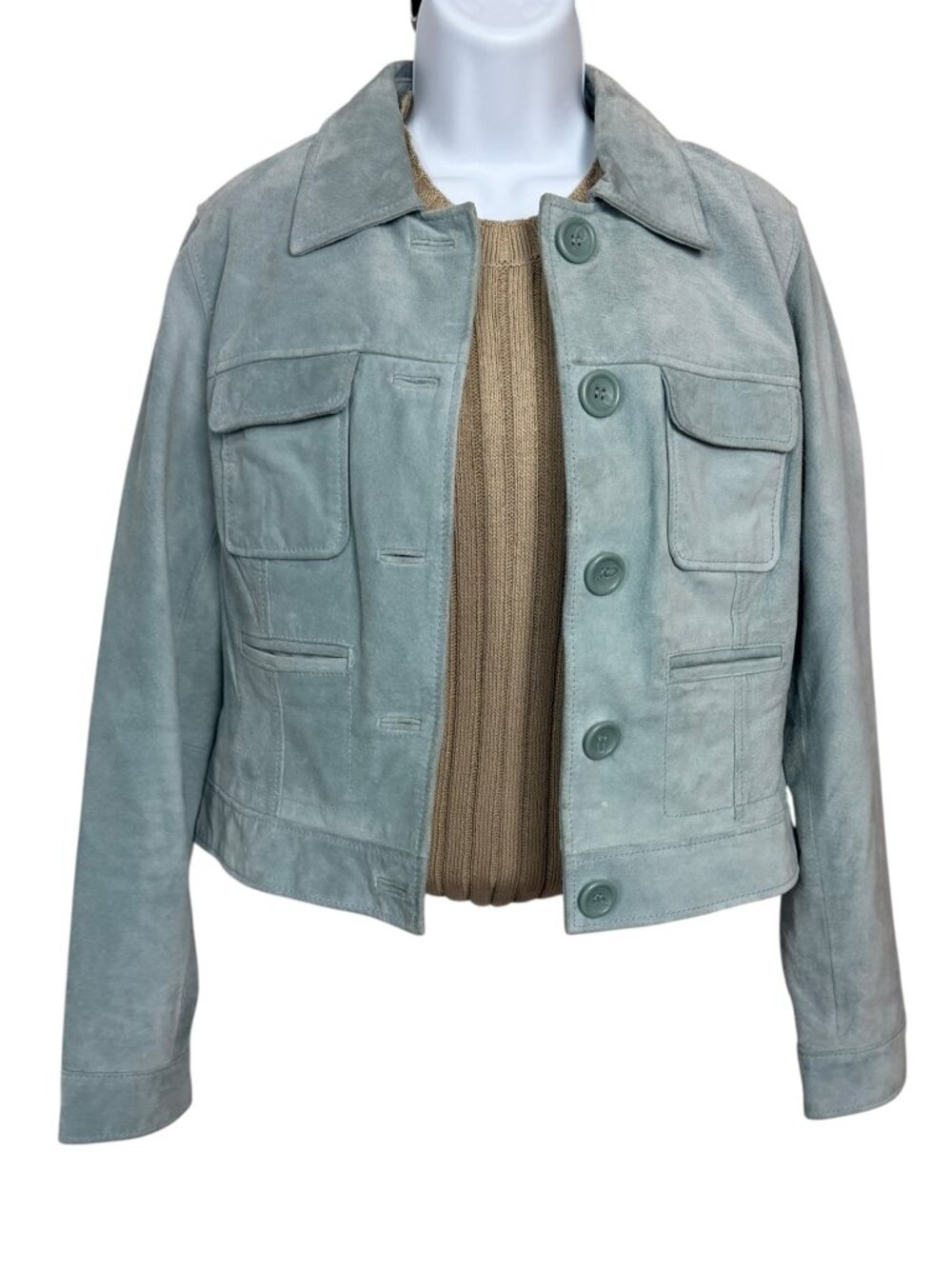 Vintage Y2K Bernardo Dusty Seafoam Blue Suede Leather Jacket Women's 14 Fits M